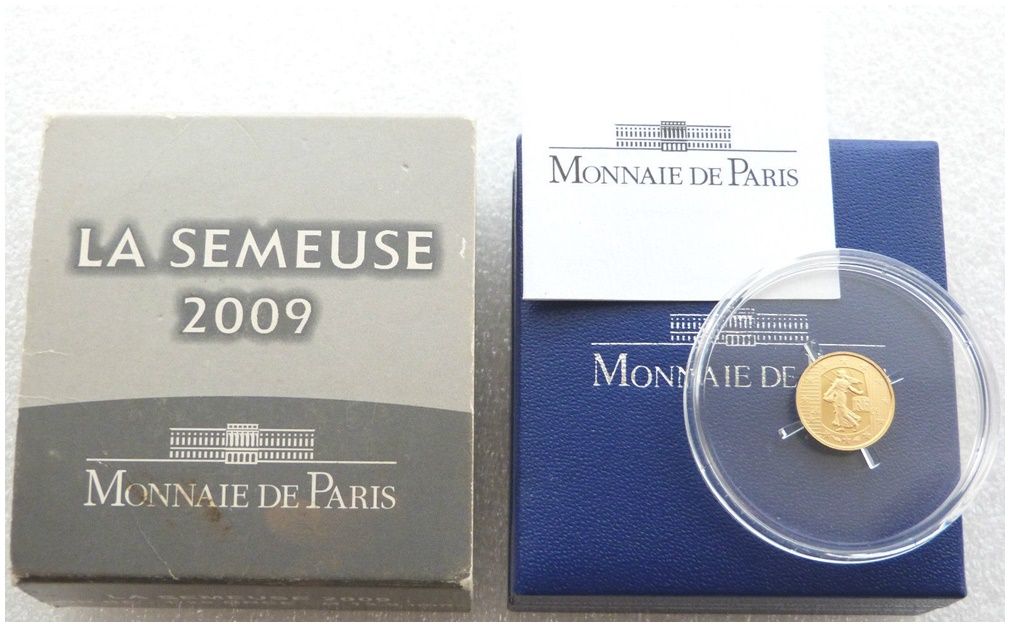 2009 France Sower La Semeuse 5 Euro Gold Proof 1/25oz Coin Box Coa