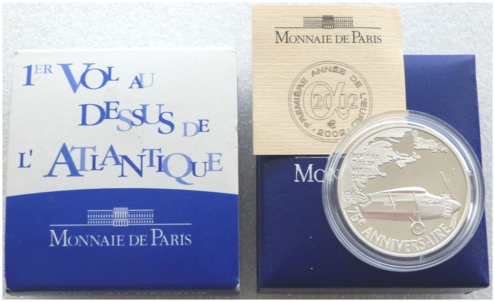 2002 France Lindbergh 75th Anniversary 1.5 Euro Silver Proof Coin Box Coa