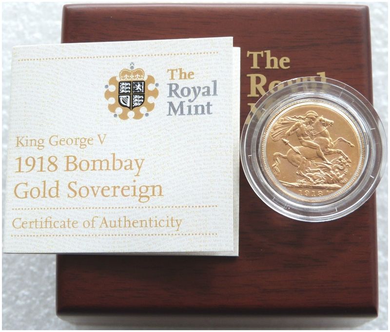 1918-I India Mint Mark Bombay Mint George V Full Sovereign Gold Coin Box Coa 1918-I India Mint Mark Bombay Mint George V Full Sovereign Gold Coin Box Coa