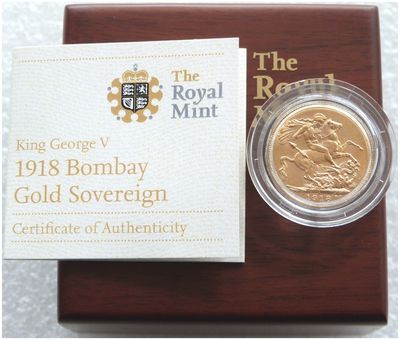 1918-I India Mint Mark Bombay Mint George V Full Sovereign Gold Coin Box Coa