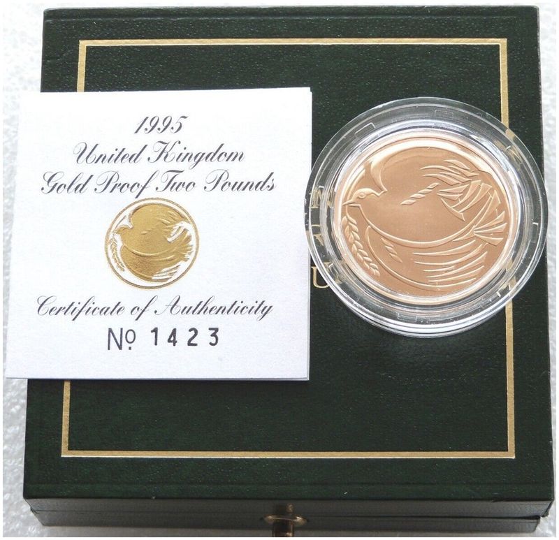 1995 End of Second World War Dove £2 Gold Proof Coin Box Coa 1995 End of Second World War Dove £2 Gold Proof Coin Box Coa