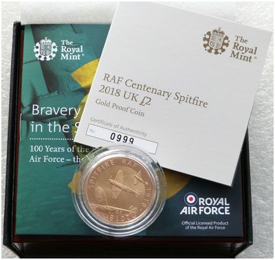 2018 Royal Air Force RAF Spitfire £2 Gold Proof Coin Box Coa