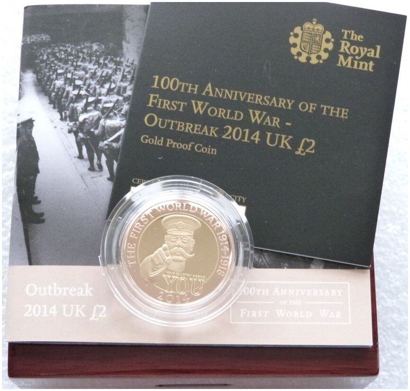 2014 First World War Outbreak Kitchener £2 Gold Proof Coin Box Coa - Mintage 734