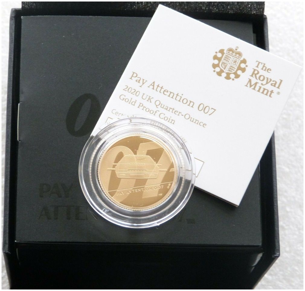 2020 James Bond Pay Attention 007 £25 Gold Proof 1/4oz Coin Box Coa