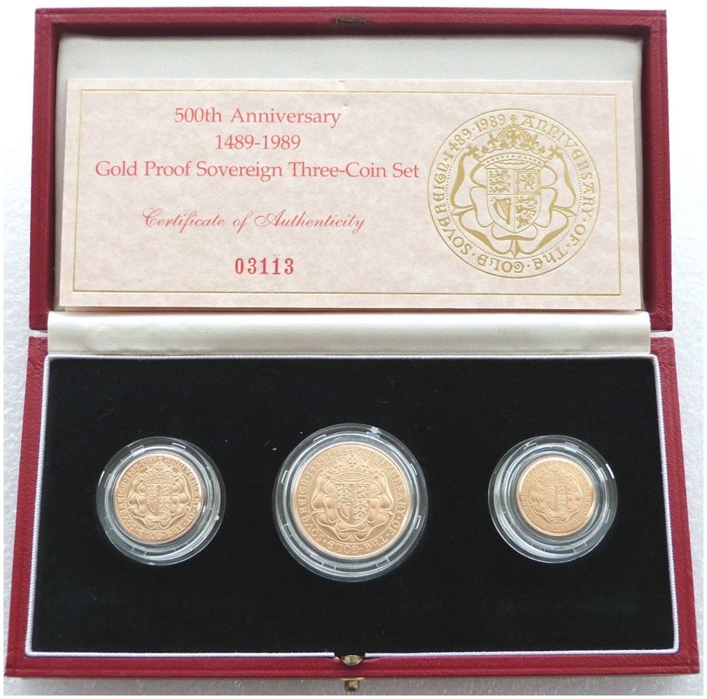 1989 Tudor Rose Sovereign Gold Proof 3 Coin Set Box Coa