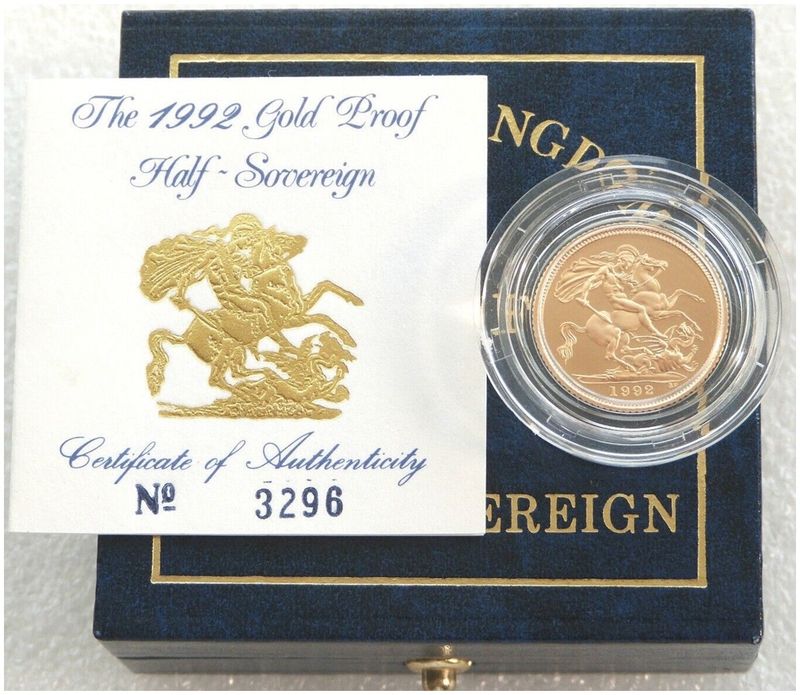 1992 St George and the Dragon Half Sovereign Gold Proof Coin Box Coa