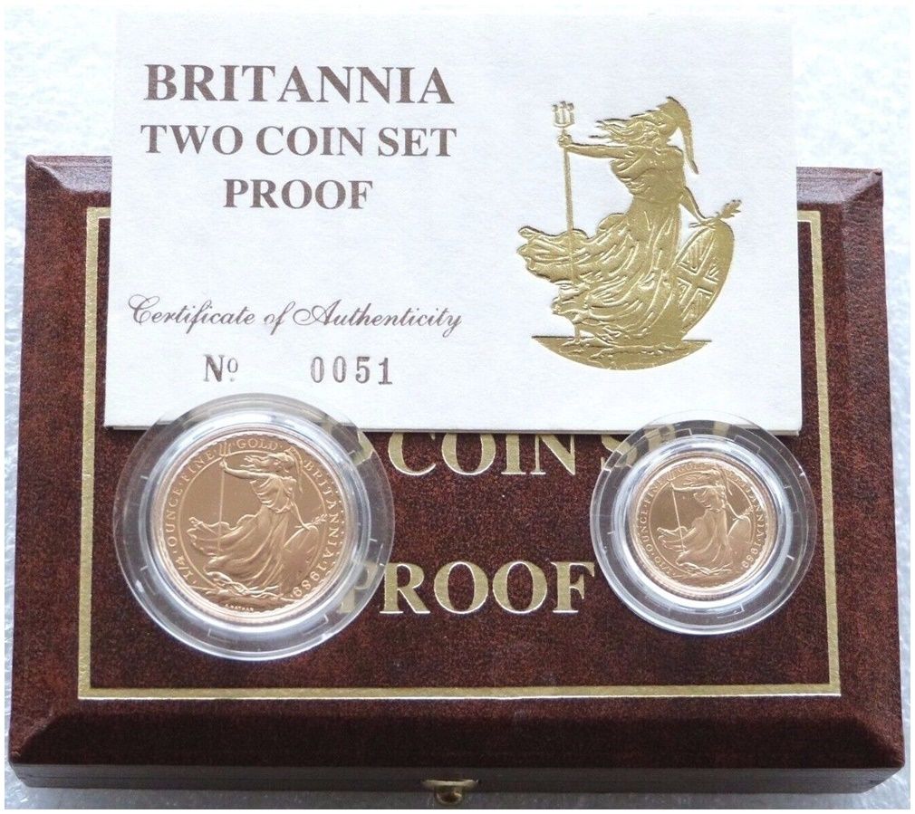 1989 Britannia £25 and £10 Gold Proof 2 Coin Set Box Coa - Mintage 451