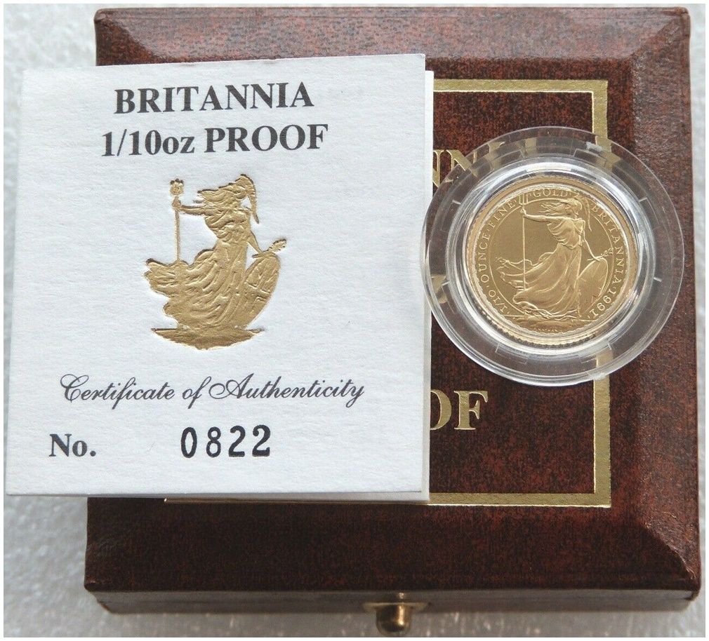 1991 Britannia £10 Gold Proof 1/10oz Coin Box Coa