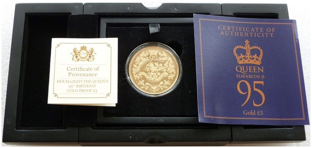 2021 Guernsey Queens 95th Birthday £5 Gold Proof 1oz Coin Box Coa