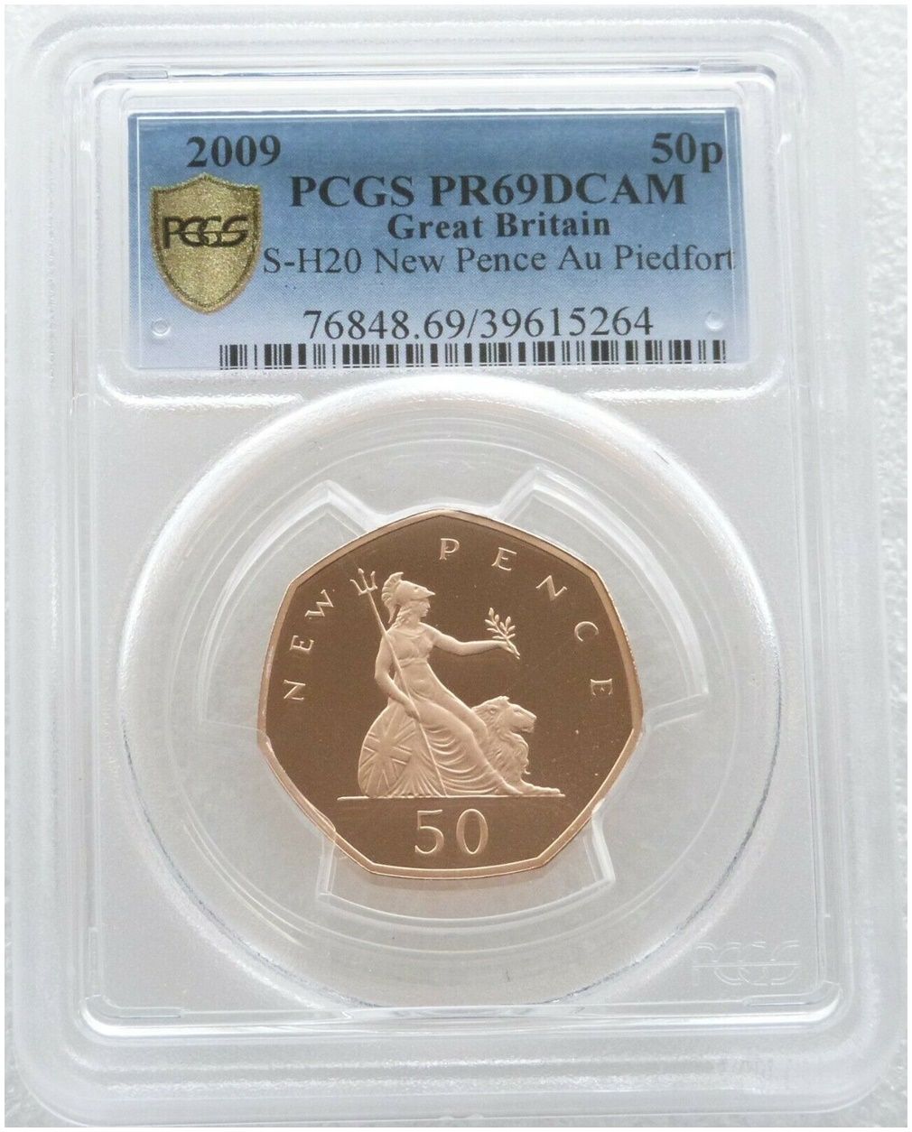 2009 Britannia New Pence Piedfort 50p Gold Proof Coin PCGS PR69 DCAM - Mintage 40