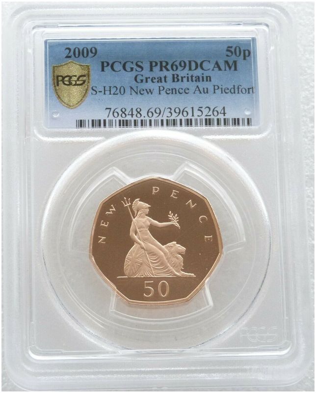 2009 Britannia New Pence Piedfort 50p Gold Proof Coin PCGS PR69 DCAM - Mintage 40