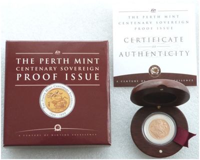 1999 Australia Perth Mint Centenary Bi-Metal $100 Gold Proof Sovereign Coin Box Coa