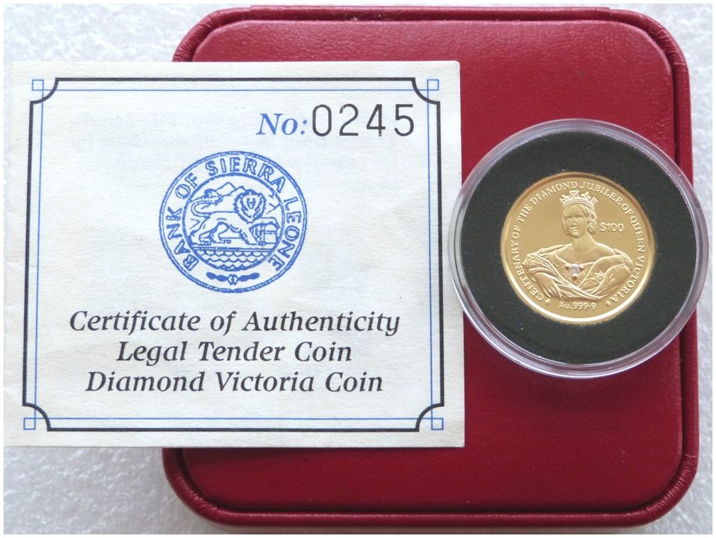 1997 Sierre Leone Queen Victoria Diamond $100 Gold Proof 1/5oz Coin Box Coa