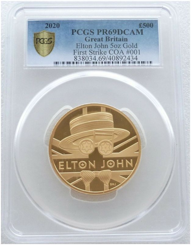 2020 Music Legends Elton John £500 Gold Proof 5oz Coin PCGS PR69 DCAM First Strike Cert Number 01