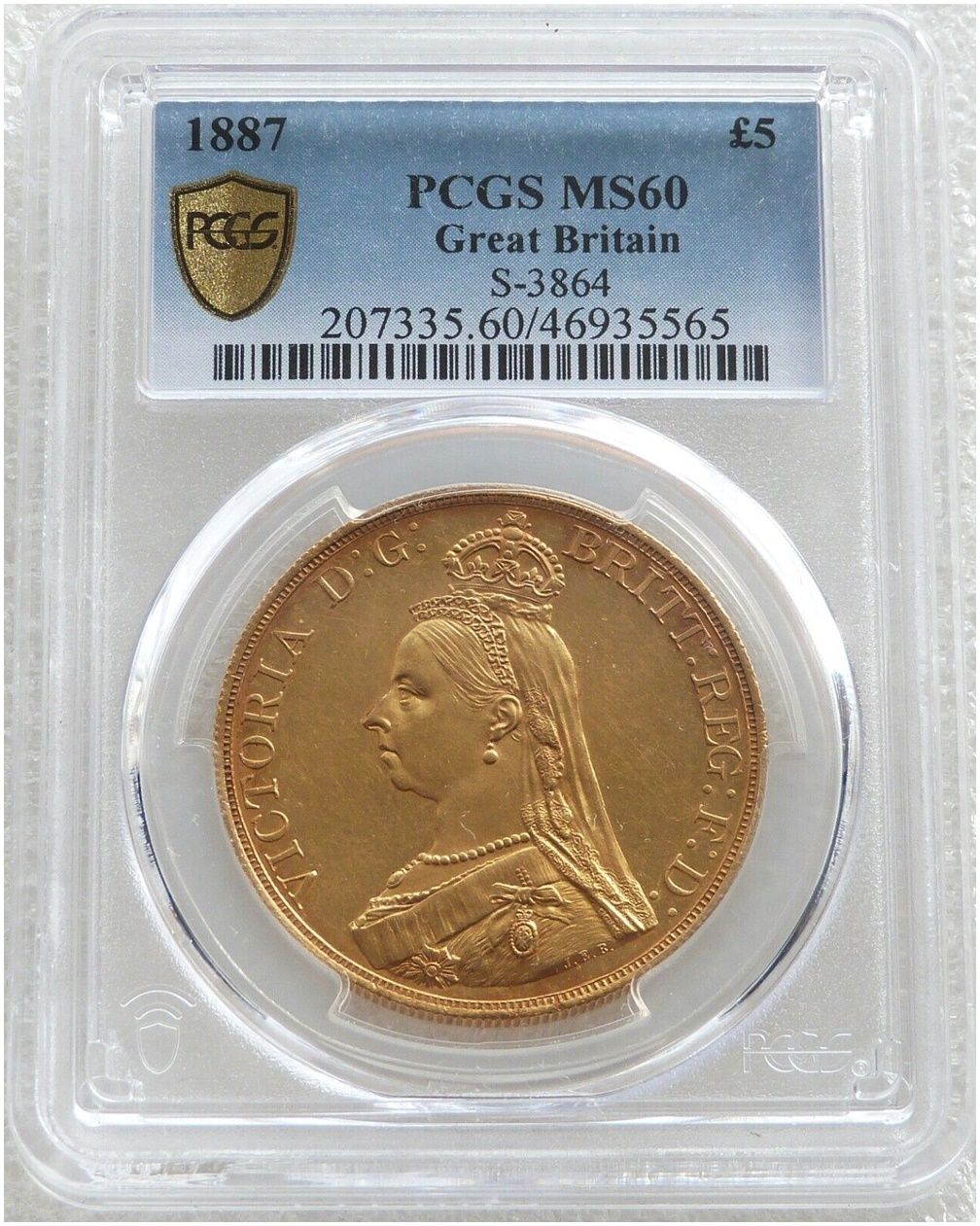 1887 Victoria Jubilee Head £5 Five Pound Sovereign Gold Coin PCGS MS60