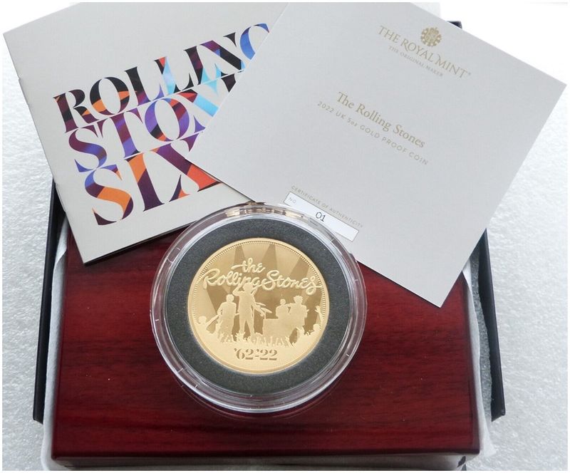 2022 Music Legends The Rolling Stones £500 Gold Proof 5oz Coin Box Coa Cert Number 01