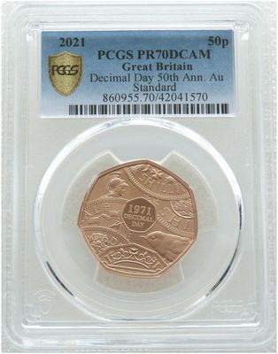 2021 Decimal Day 50p Gold Proof Coin PCGS PR70 DCAM