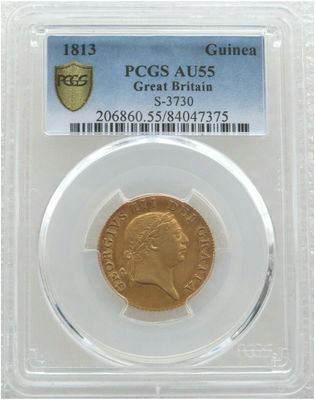 1813 George III Sixth Laur Head Military Full Guinea Gold Coin PCGS AU55