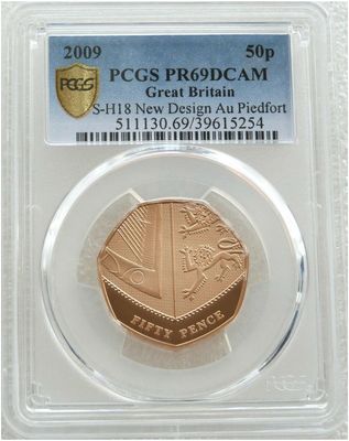 2009 Royal Shield of Arms Piedfort 50p Gold Proof Coin PCGS PR69 DCAM - Mintage 40