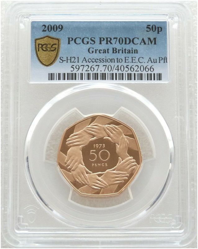 2009 Accession to the EEC Hands Piedfort 50p Gold Proof Coin PCGS PR70 DCAM - Mintage 40