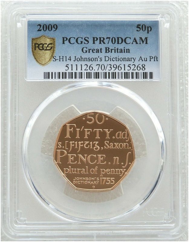 2009 Dictionary Piedfort 50p Gold Proof Coin PCGS PR70 DCAM - Mintage 40