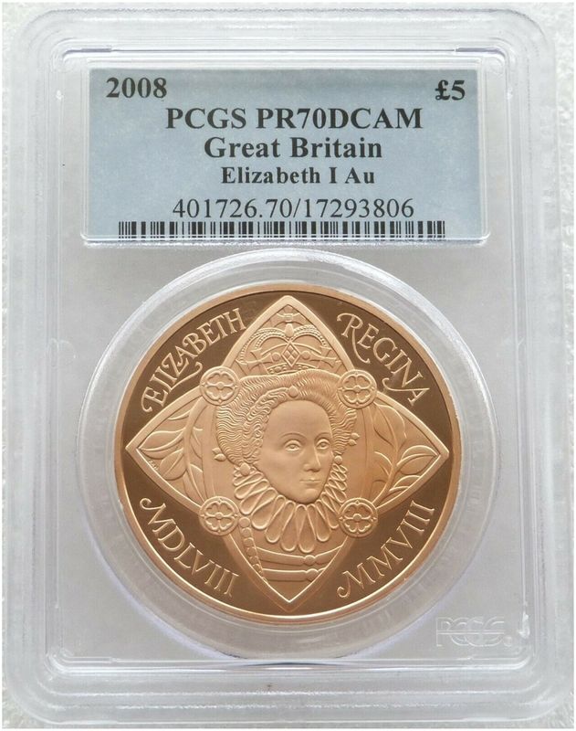 2008 Elizabeth I £5 Five Pound Gold Proof Coin PCGS PR70 DCAM 2008 Elizabeth I £5 Five Pound Gold Proof Coin PCGS PR70 DCAM