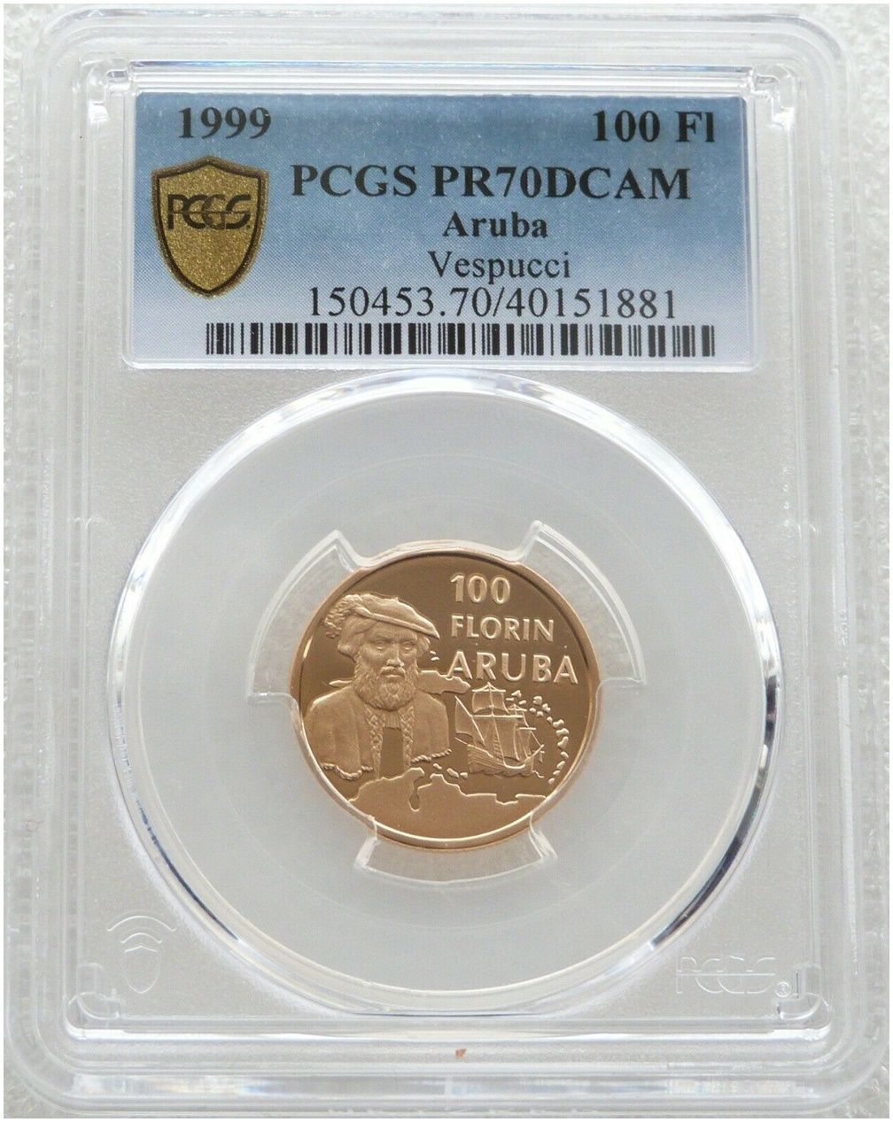 1999 Aruba Vespucci 100 Florin Gold Proof Coin PCGS PR70 DCAM