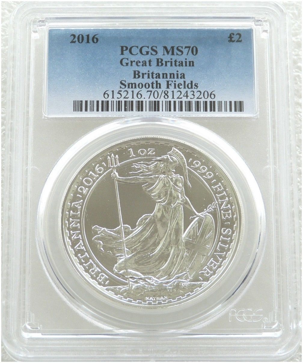 2016 Britannia £2 Silver 1oz Coin PCGS MS70 - Plain Smooth Fields