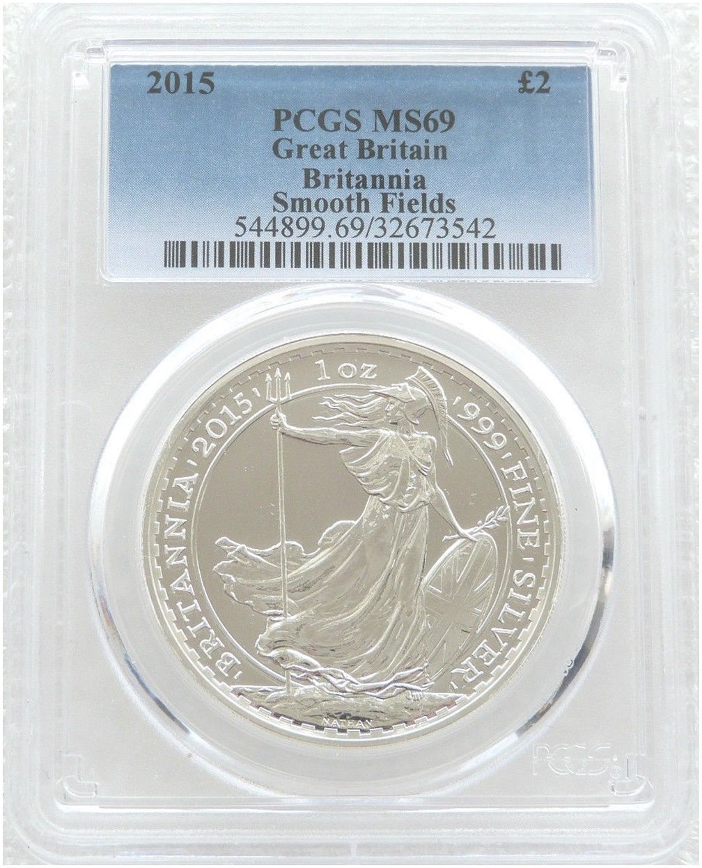 2015 Britannia £2 Silver 1oz Coin PCGS MS69 - Plain Smooth Fields