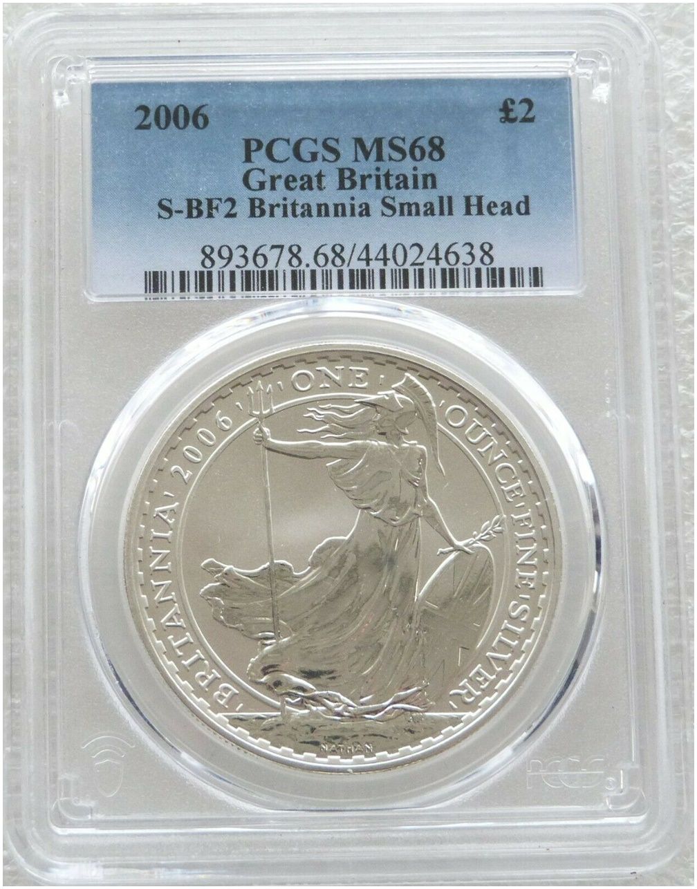 2006 Britannia £2 Silver Bullion 1oz Coin PCGS MS68 Mint Error Small Portrait