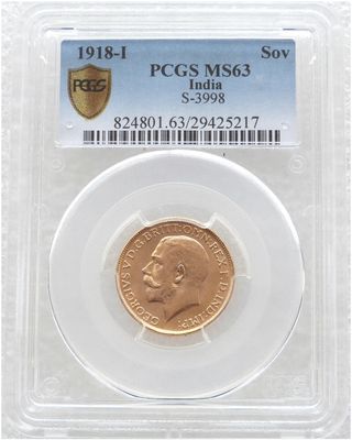 1918-I India Mint Mark Bombay Mint George V Full Sovereign Gold Coin PCGS MS63