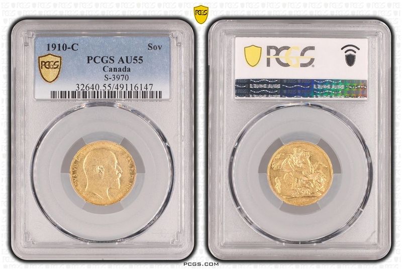1910-C Canada Ottawa Mint Edward VII Full Sovereign Gold Coin PCGS AU55