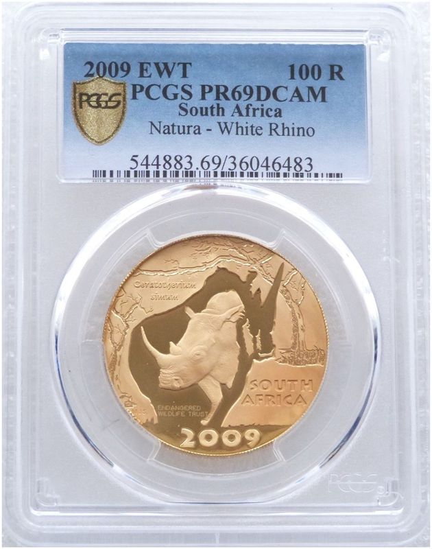 2009-EWT South Africa Natura Launch Mint Mark White Rhino 100 Rand Gold Proof 1oz Coin PCGS PR69 DCAM