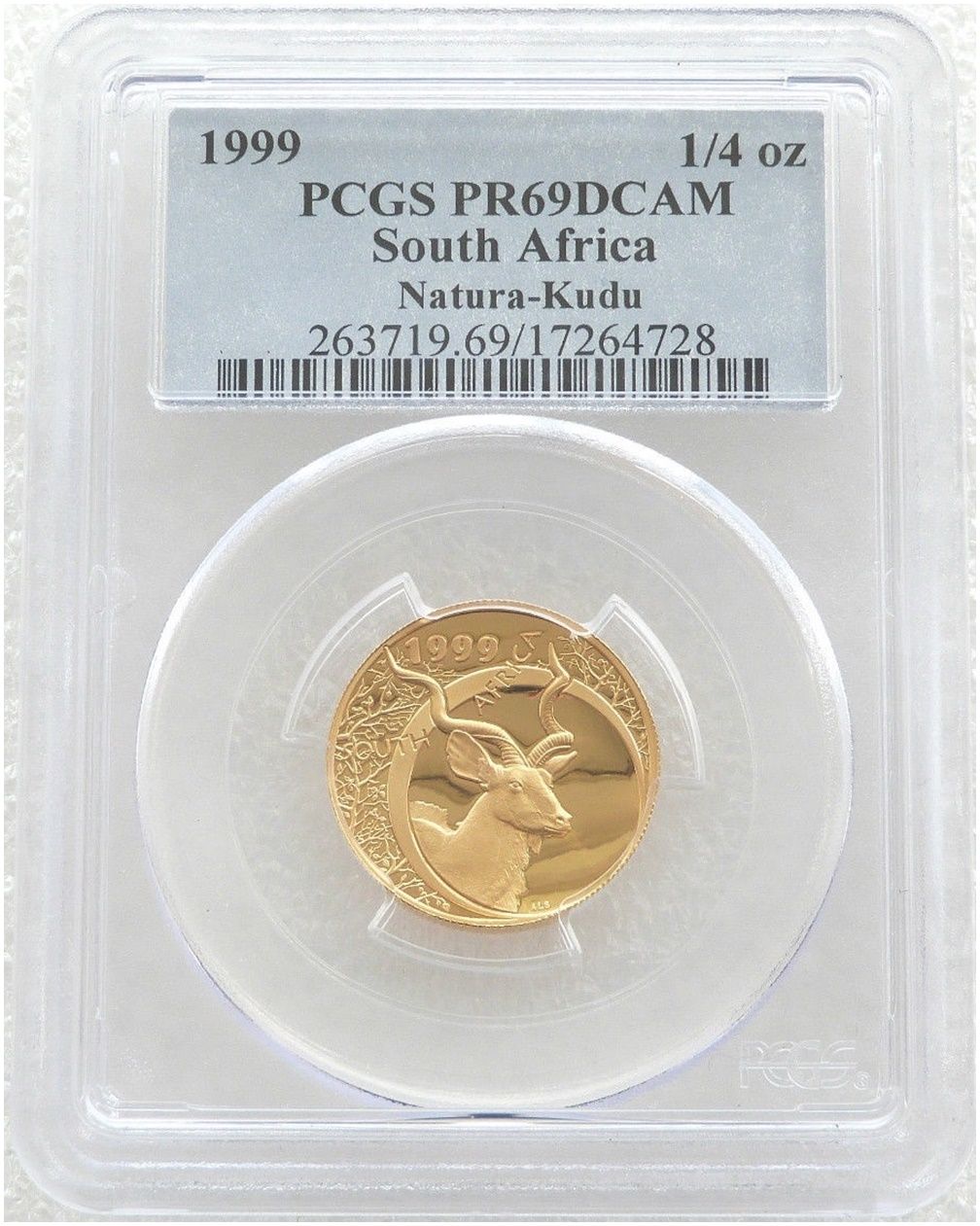 1999 South Africa Natura Kudu Bull Gold Proof 1/4oz Coin PCGS PR69 DCAM