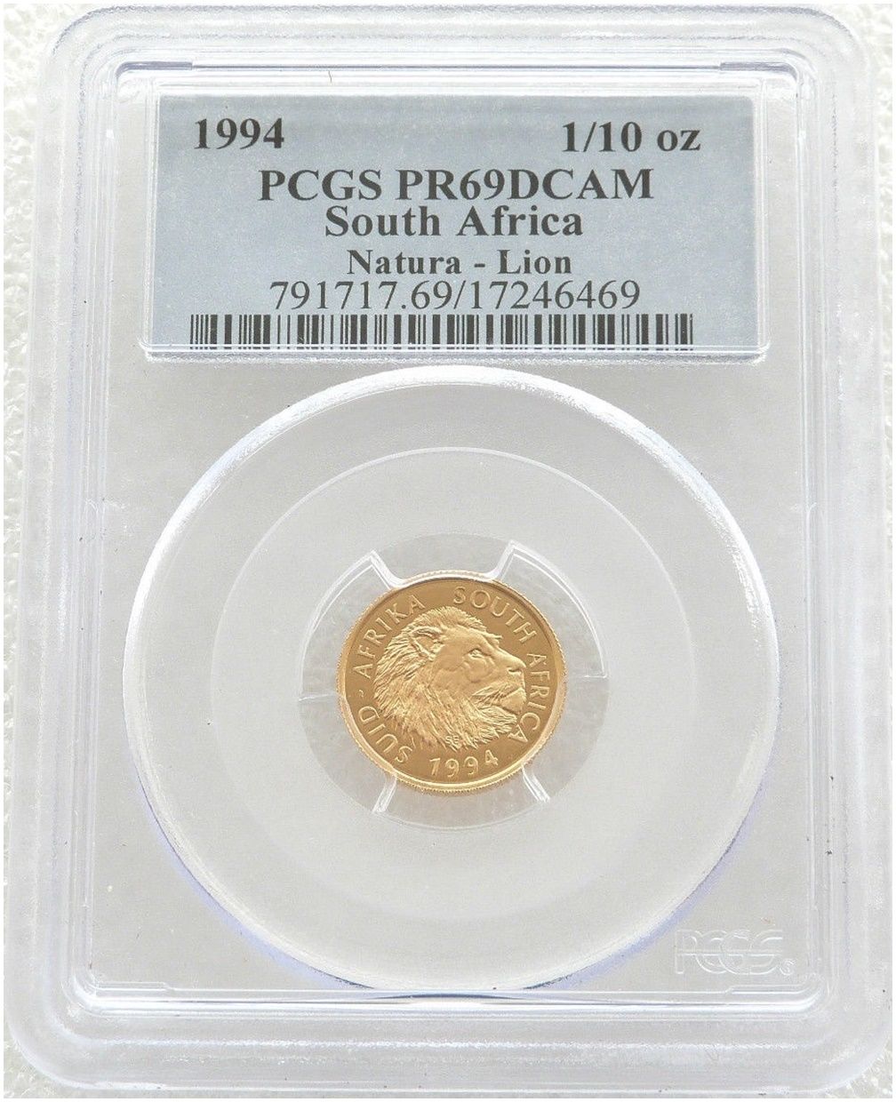 1994 South Africa Natura Lion Gold Proof 1/10oz Coin PCGS PR69 DCAM