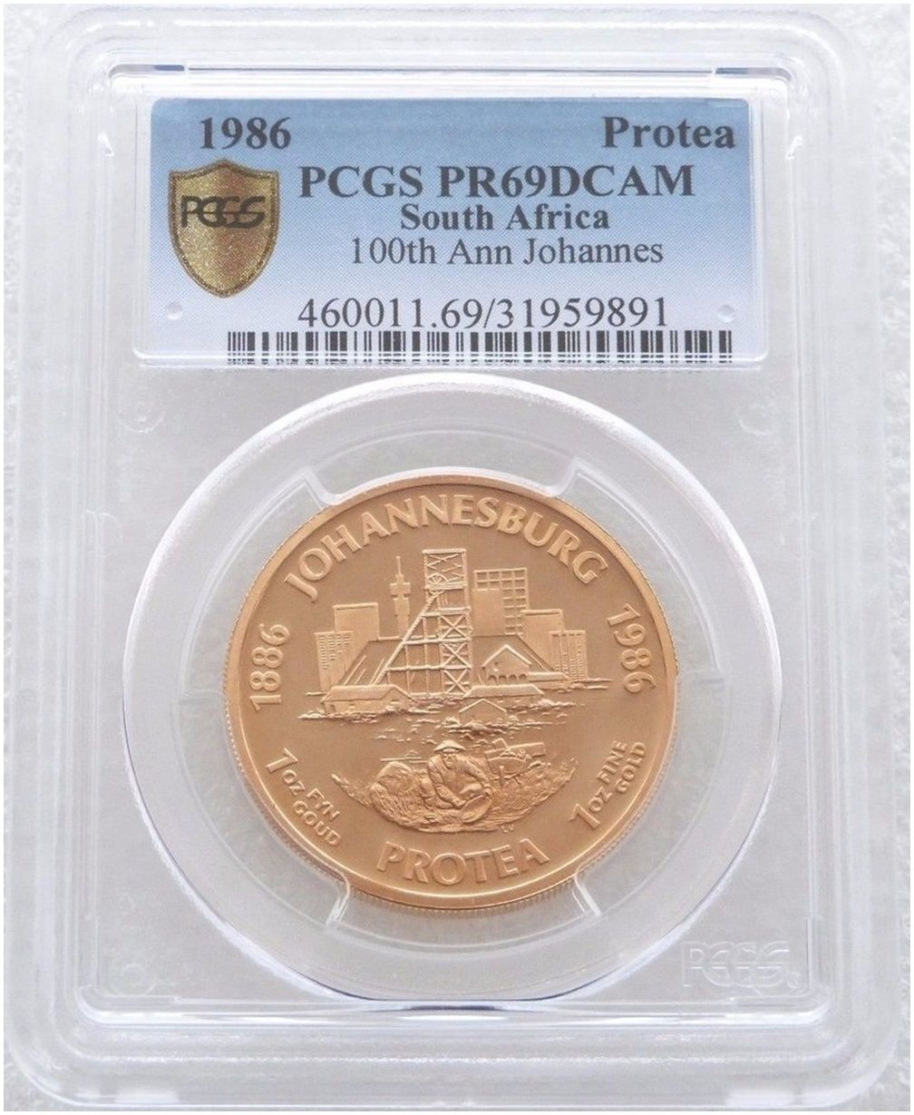 1986 South Africa Protea Centenary Great Gold Rush Gold Proof 1oz Coin PCGS PR69 DCAM