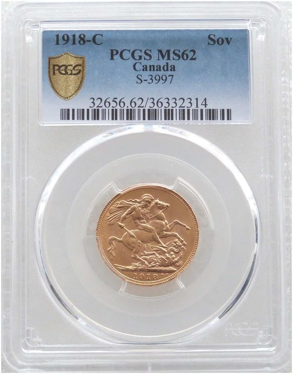 1918-C Canada Ottawa Mint George V Full Sovereign Gold Coin PCGS MS62
