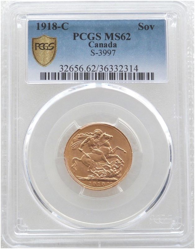 1918-C Canada Ottawa Mint George V Full Sovereign Gold Coin PCGS MS62