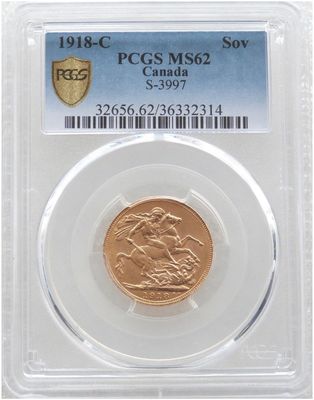1918-C Canada Ottawa Mint George V Full Sovereign Gold Coin PCGS MS62