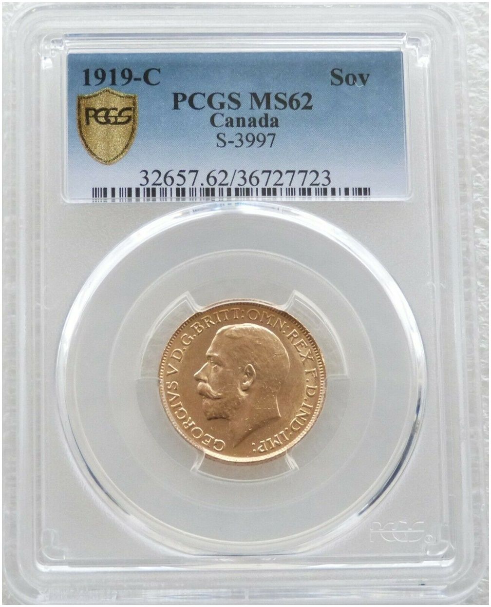 1919-C Canada Ottawa Mint George V Full Sovereign Gold Coin PCGS MS62