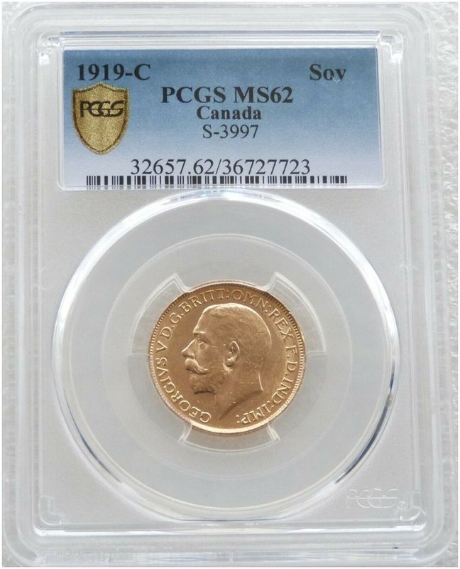 1919-C Canada Ottawa Mint George V Full Sovereign Gold Coin PCGS MS62