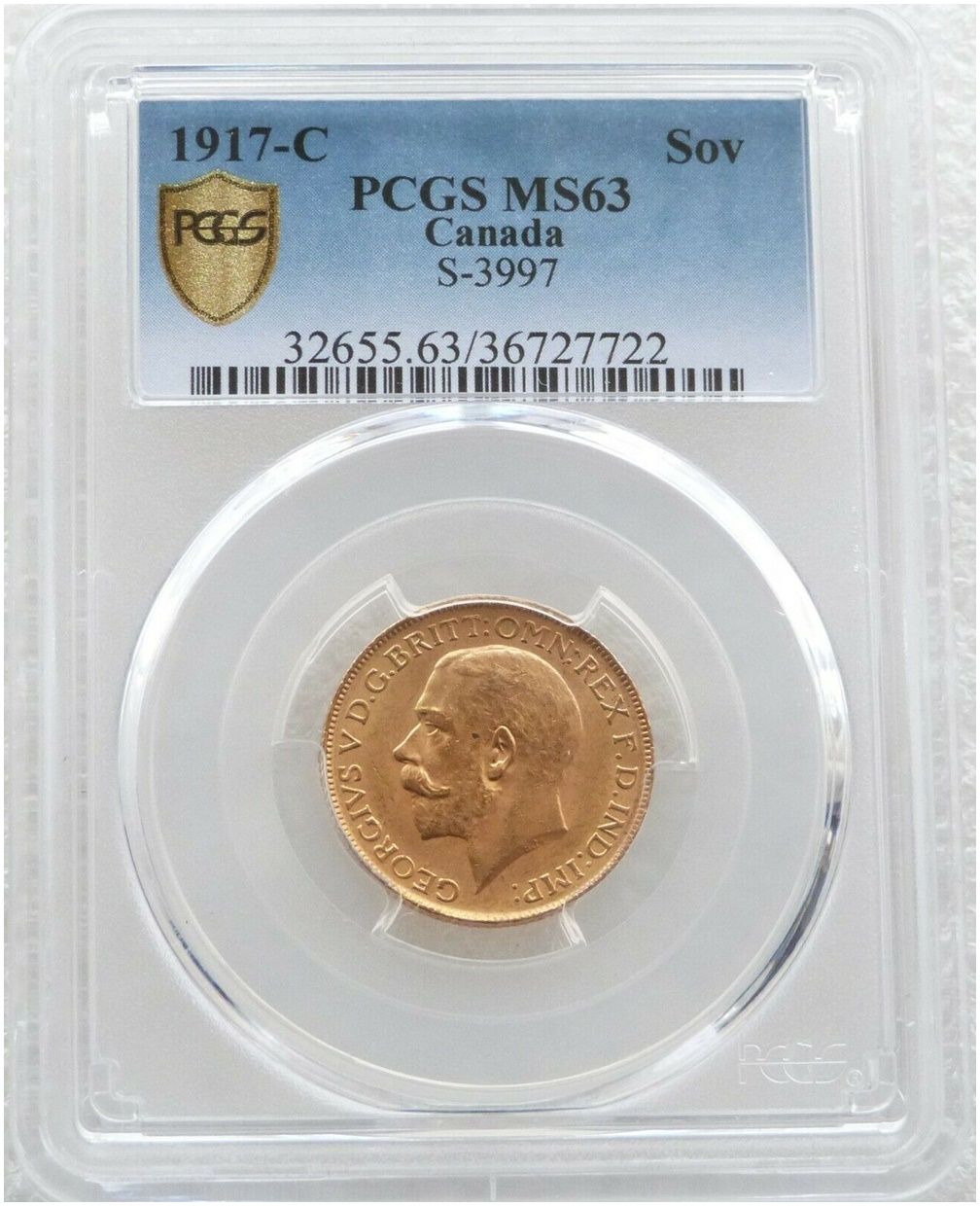 1917-C Canada Ottawa Mint George V Full Sovereign Gold Coin PCGS MS63