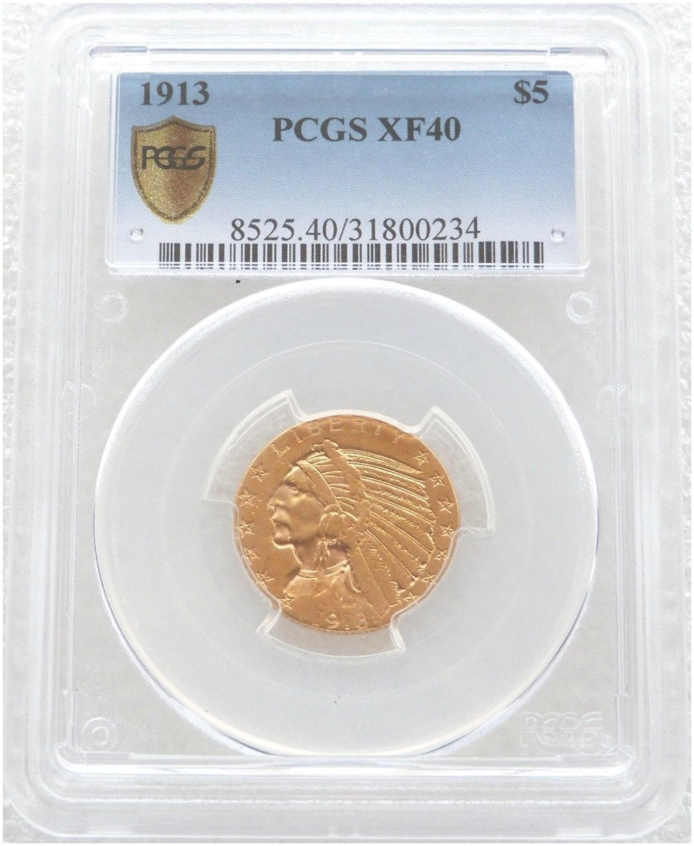 1913 American Indian Head $5 Half Eagle Gold Coin PCGS XF40