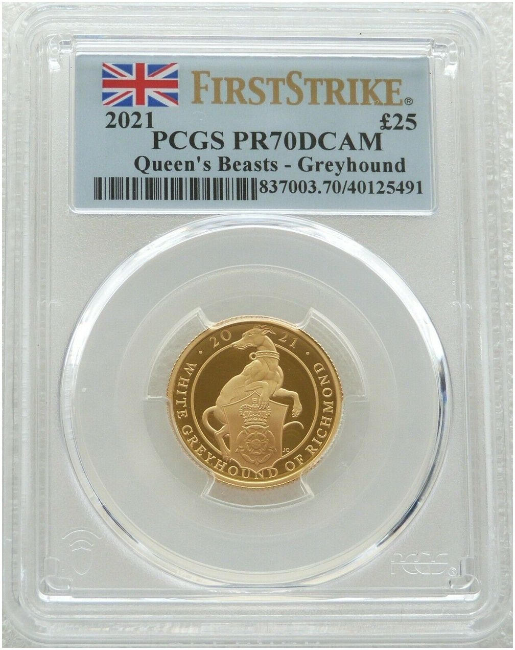 2021 Queens Beasts White Greyhound of Richmond £25 Gold Proof 1/4oz Coin PCGS PR70 DCAM First Strike