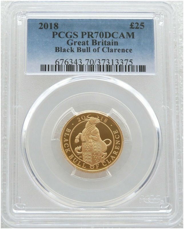 2018 Queens Beasts Black Bull of Clarence £25 Gold Proof 1/4oz Coin PCGS PR70 DCAM