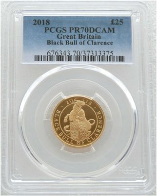 2018 Queens Beasts Black Bull of Clarence £25 Gold Proof 1/4oz Coin PCGS PR70 DCAM