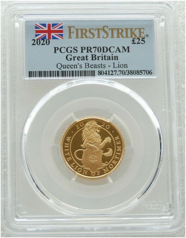 2020 Queens Beasts White Lion of Mortimer £25 Gold Proof 1/4oz Coin PCGS PR70 DCAM First Strike