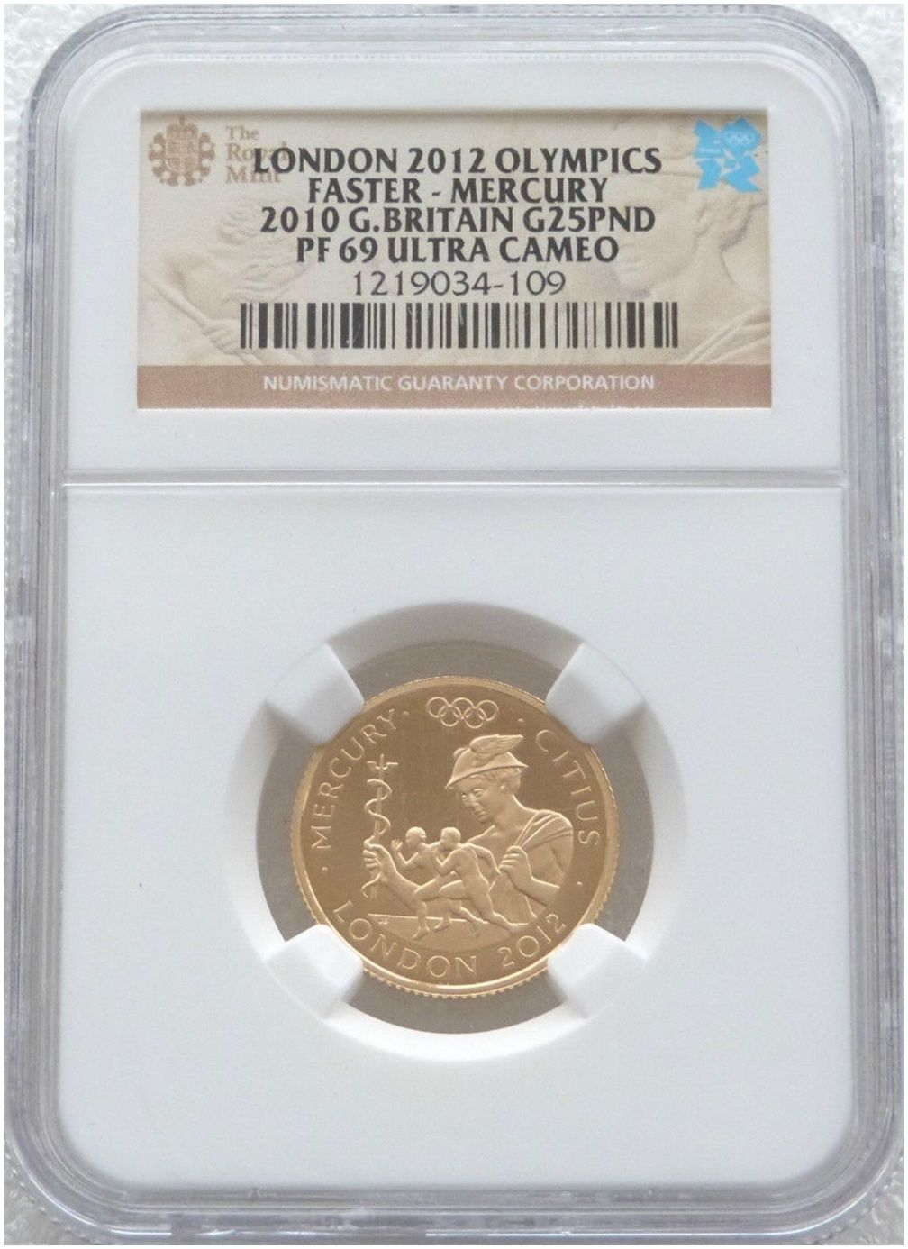 2010 London Olympic Games Faster Mercury £25 Gold Proof 1/4oz Coin NGC PF69 UC