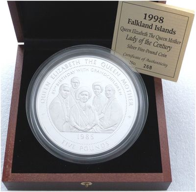 1998 Falkland Islands Lady of the Century £5 Silver Proof Kilo Coin Box Coa