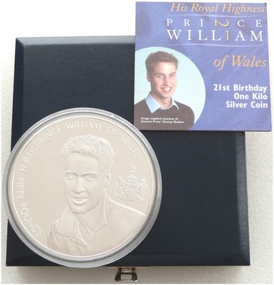 2003 Alderney Prince William 21st Birthday £50 Silver Proof Kilo Coin Box Coa